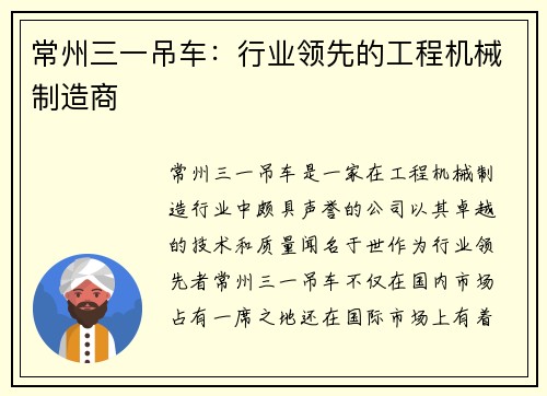 常州三一吊车：行业领先的工程机械制造商