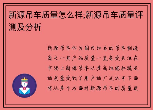 新源吊车质量怎么样;新源吊车质量评测及分析