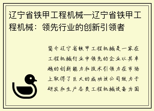 辽宁省铁甲工程机械—辽宁省铁甲工程机械：领先行业的创新引领者