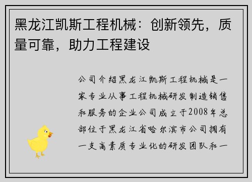 黑龙江凯斯工程机械：创新领先，质量可靠，助力工程建设