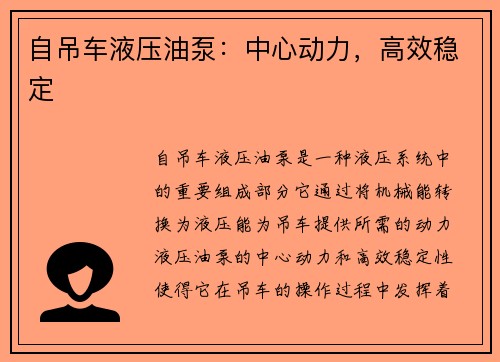 自吊车液压油泵：中心动力，高效稳定